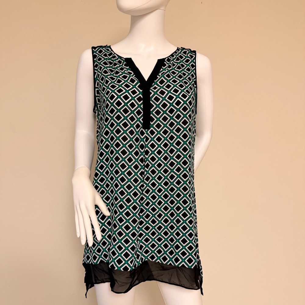 White House Black Market Womens Green Geometric Diamond Print Sleeveless Tunic S